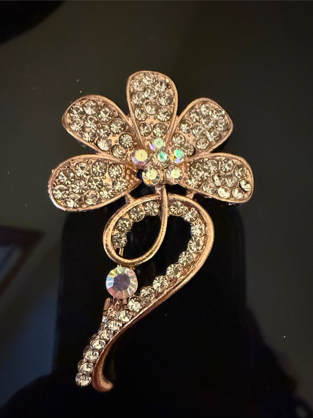 Crystal Flower Brooch Pin - Gold Tone